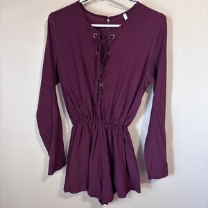Sage Burgundy/Wine Women’s Long Sleeve Romper Tie-Up Detail One-Piece Summer